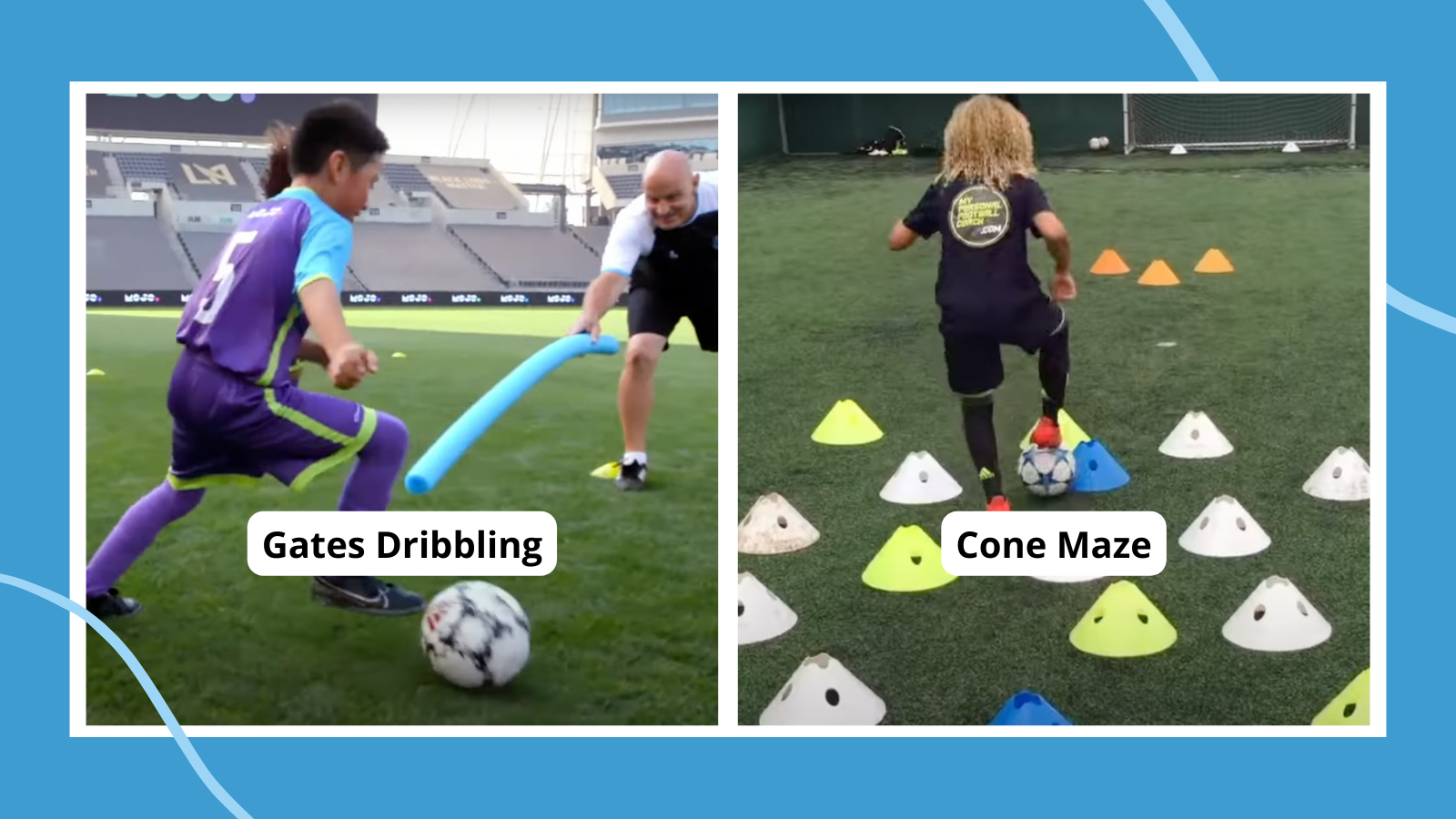 Kids doing soccer drills such as cone maze and gates dribbling.