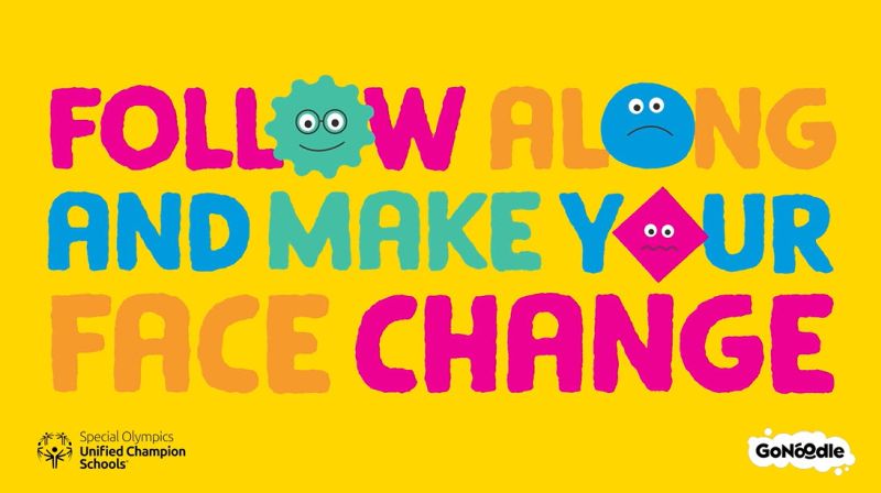 GoNoodle video still with colorful text reading "Follow Along and Make Your Face Change"