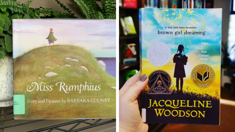 Social justice books including Miss Rumphius on a table with a plant and Brown Girl Dreaming held by a woman's hand