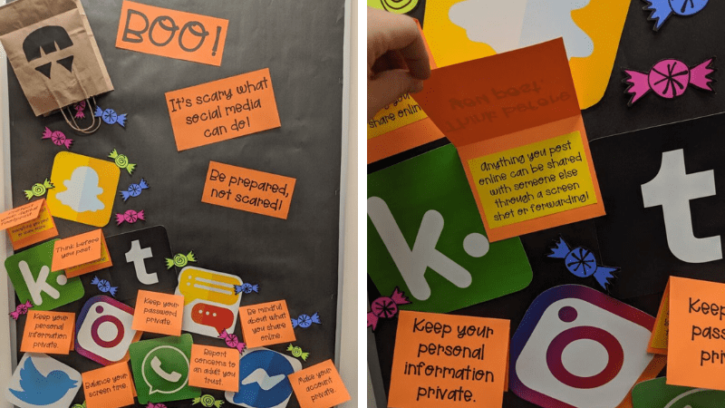 Social media scaries bulletin board with close up of internet safety tips that look like candy falling out of trick-or-treat bag.