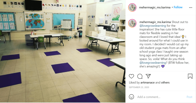 Yoga mats cut into squares on floor of classroom for flexible seating