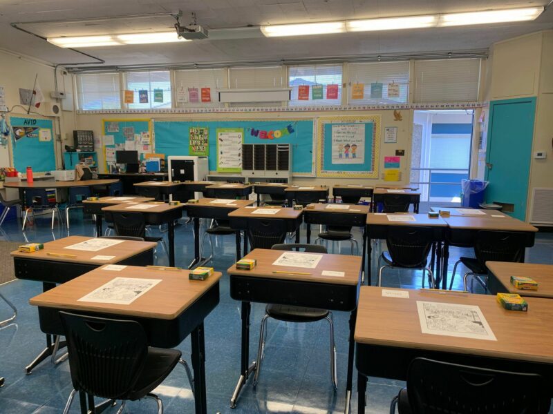 First and second grade combination classroom wood desks and floor flooring