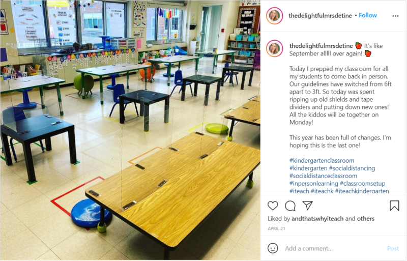 Flexible seating with desks of various heights in elementary classroom