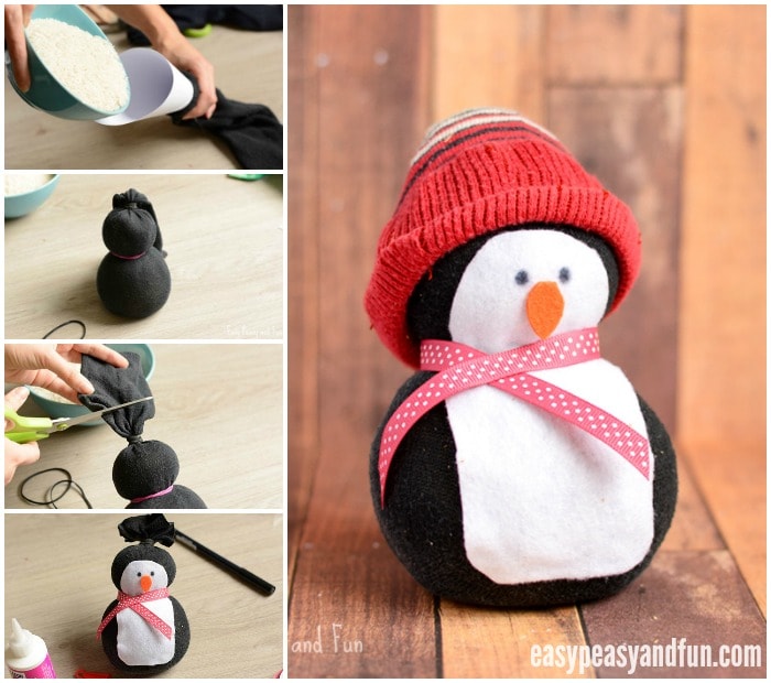 A DIY stuffed penguin made from a sock as an example of classroom winter crafts