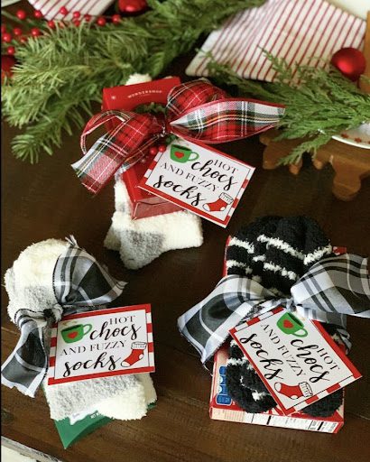 Hot chocolate and fuzzy socks gift-wrapped- DIY Teacher Gifts