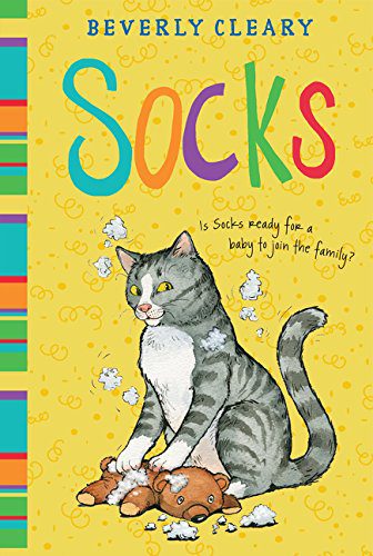 Book cover of Socks by Beverly Cleary with gray and white illustrated cat on yellow background