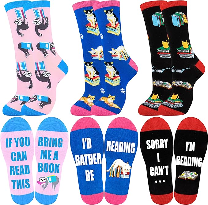 socks for book lovers with designs that include animals and books