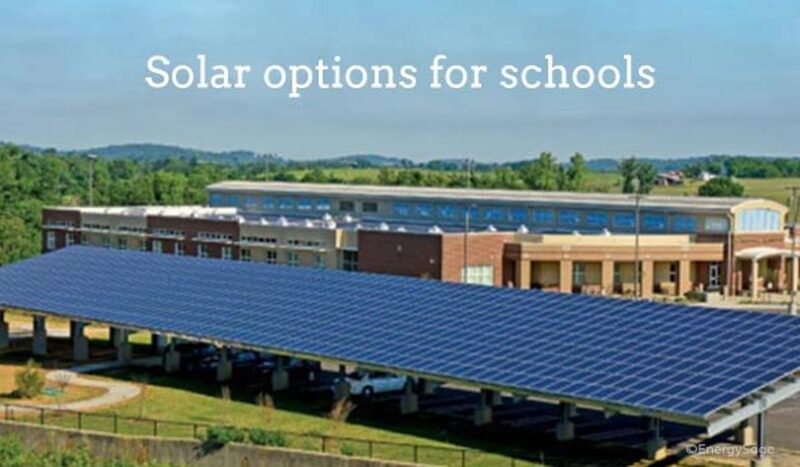solar panels outside a school. text reads solar options for schools 