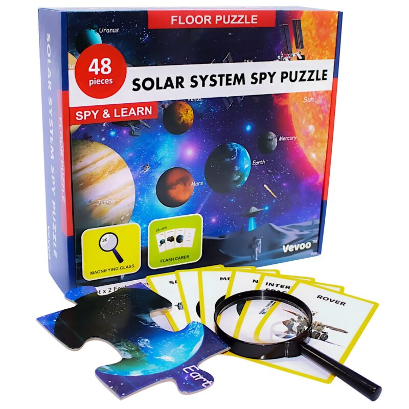 puzzle of the solar system with a magnifying glass 