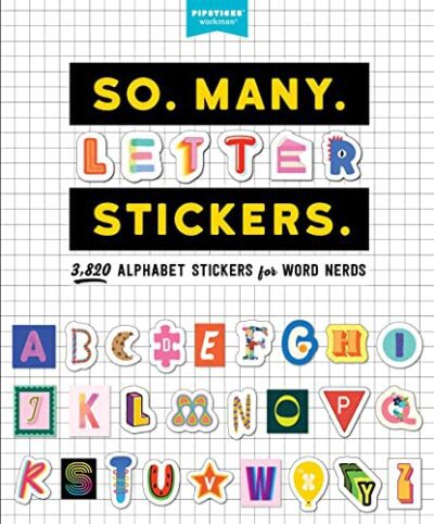 A book cover has a grid on it and in black boxes with yellow lettering it says So Many Stickers. There are a variety of letter stickers in different colors and fonts shown.