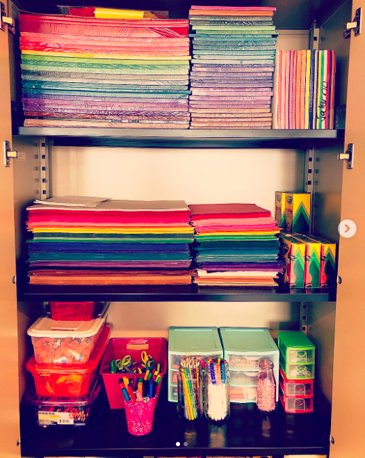 An organized classroom storage closet