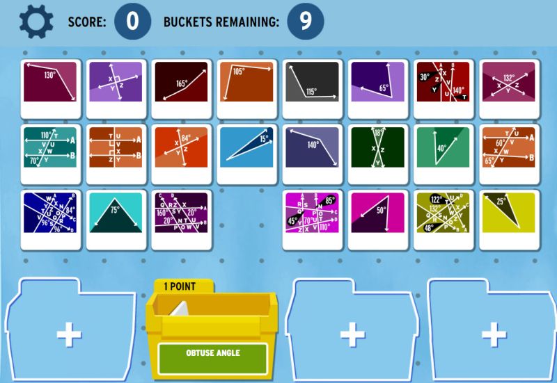 Math game with a series of cards showing various angles and buckets to sort them into