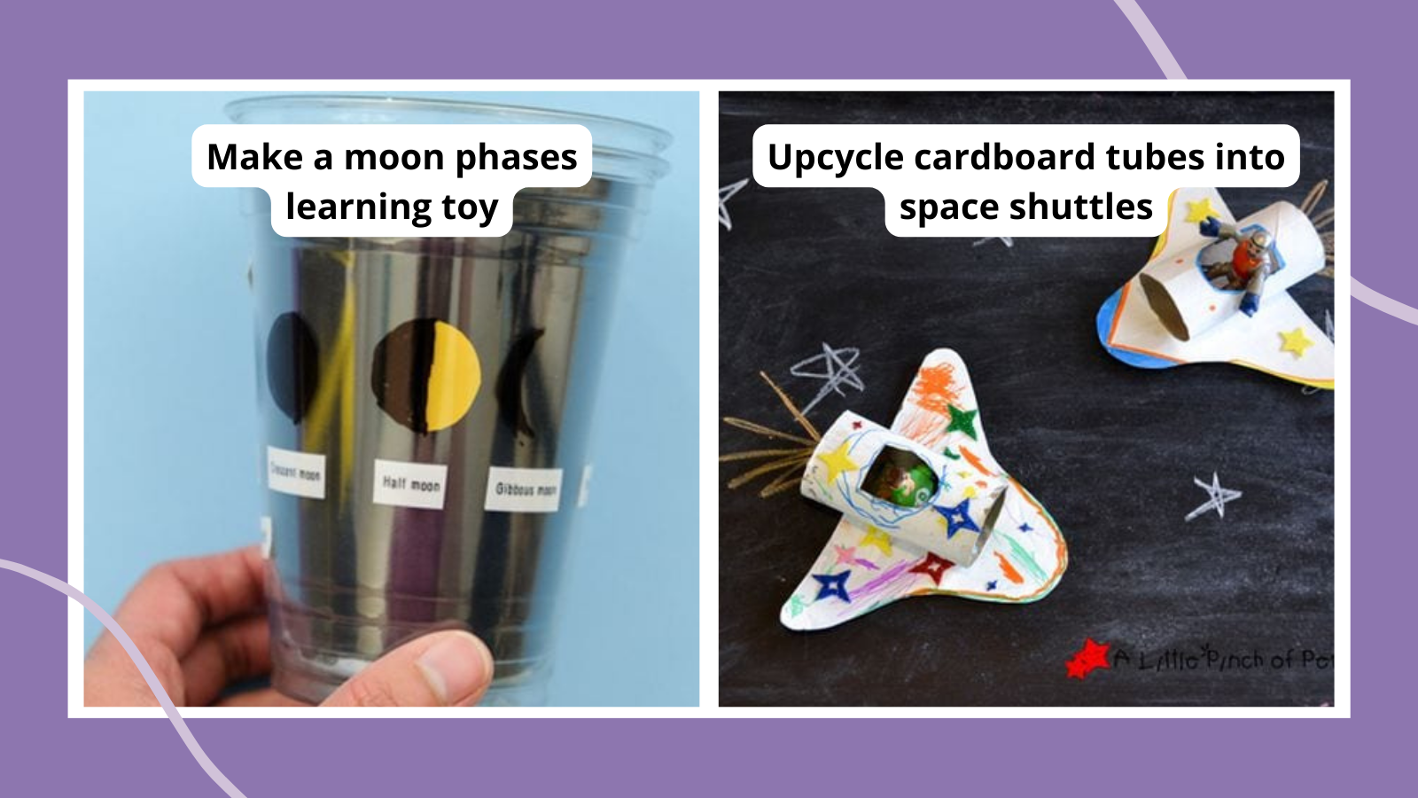Space activities for kids including a moon phases learning toy made out of a plastic cup and upcycled space shuttle models made from cardboard tubes.