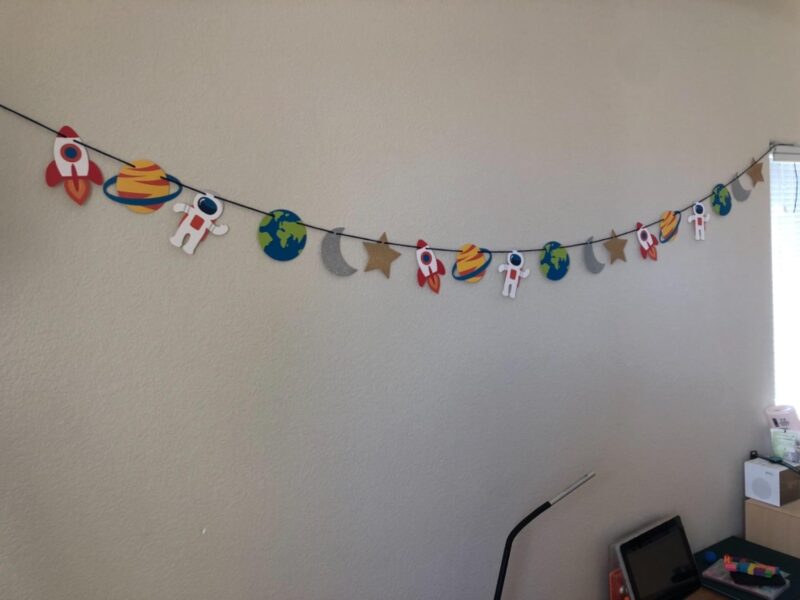 Classroom wall with space -themed classroom garland
