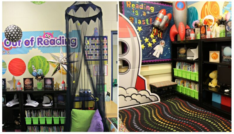 Space-themed classroom reading nook with bookshelf that has inflatable space ship and black canopy