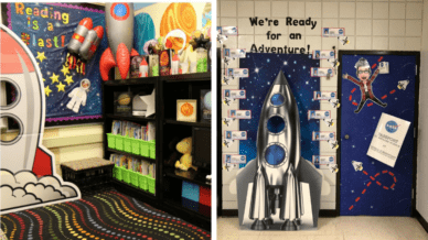 Spaced-themed classrooms, including a reading nook and giant space shuttle cardboard cutout in front of decorated door