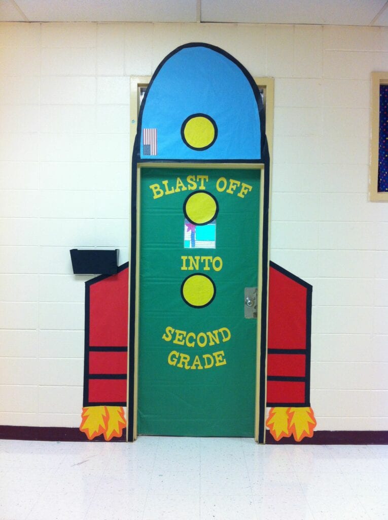 Rocket classroom door decor ideas for space theme