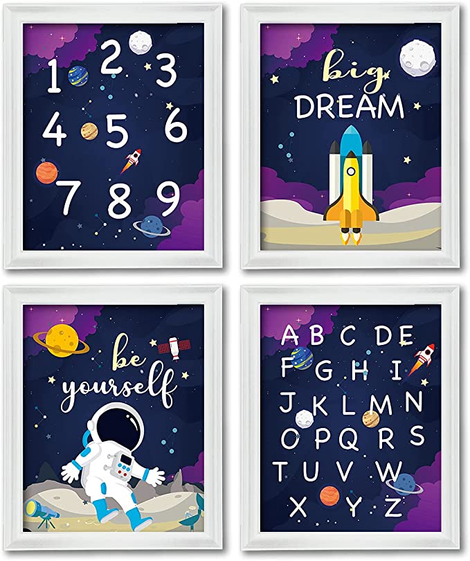 Classroom space theme wall art featuring astronauts and space shuttle