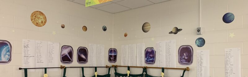Space-themed classroom wall decals on classroom walls