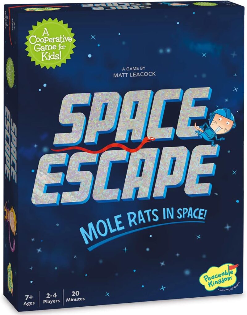 best cooperative board games for kids include this box that is dark blue with stars and has text that reads Space Escape