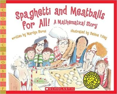 Book cover for Spaghetti and Meatballs for All as an example of books about math for kids