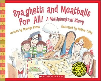 Book cover for Spaghetti and Meatballs for All as an example of math children's books