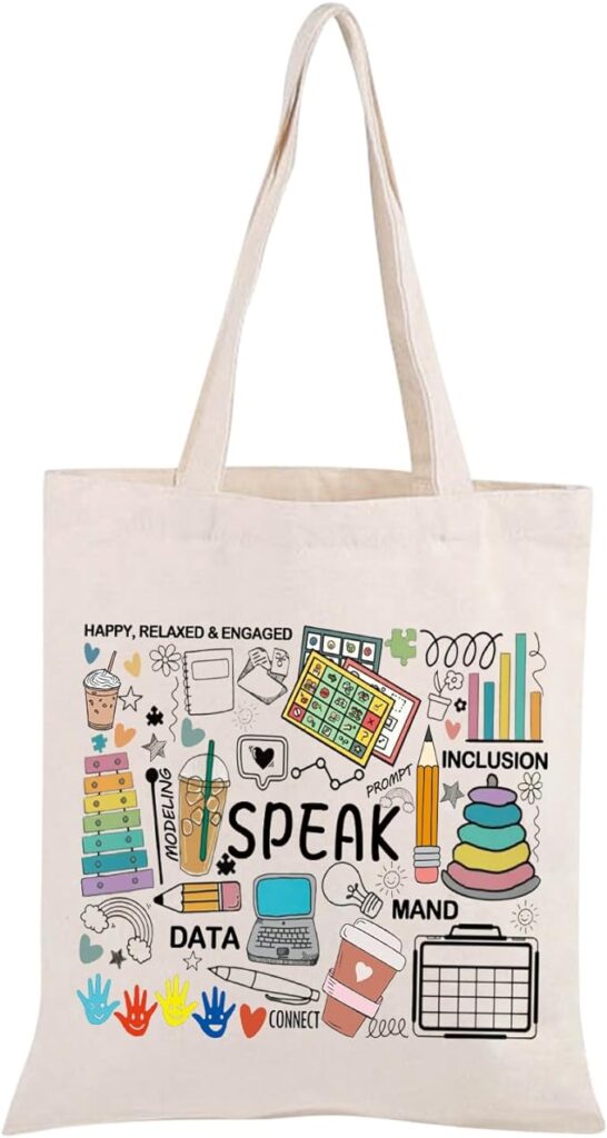 tote bag that has representations of how people communicate for a special education teacher gift 