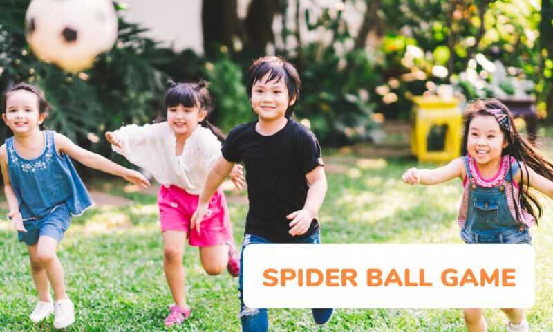 Four children facing the camera are chasing after a soccer ball flying through the air (elementary PE games)