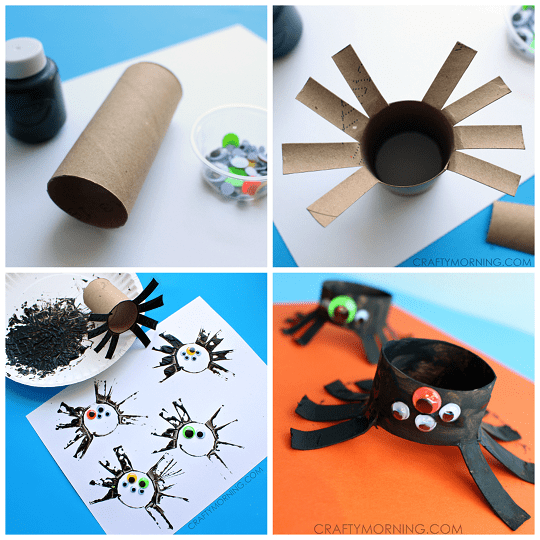 The top left image shows black paint and a toilet paper roll. The second image shows 8 legs attached to the roll, the third image shows spiders created using the toilet paper roll dipped in black paint as a stamp and the final image shows the stamp decorated to look like a spider.