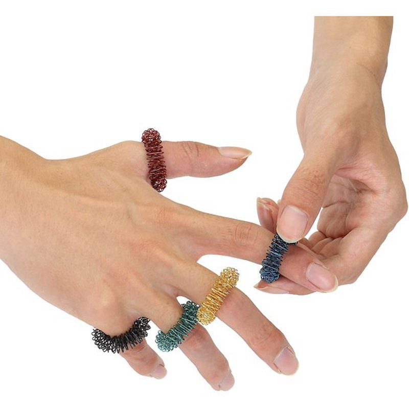 Hand with multicolor spiky sensory rings on each finger