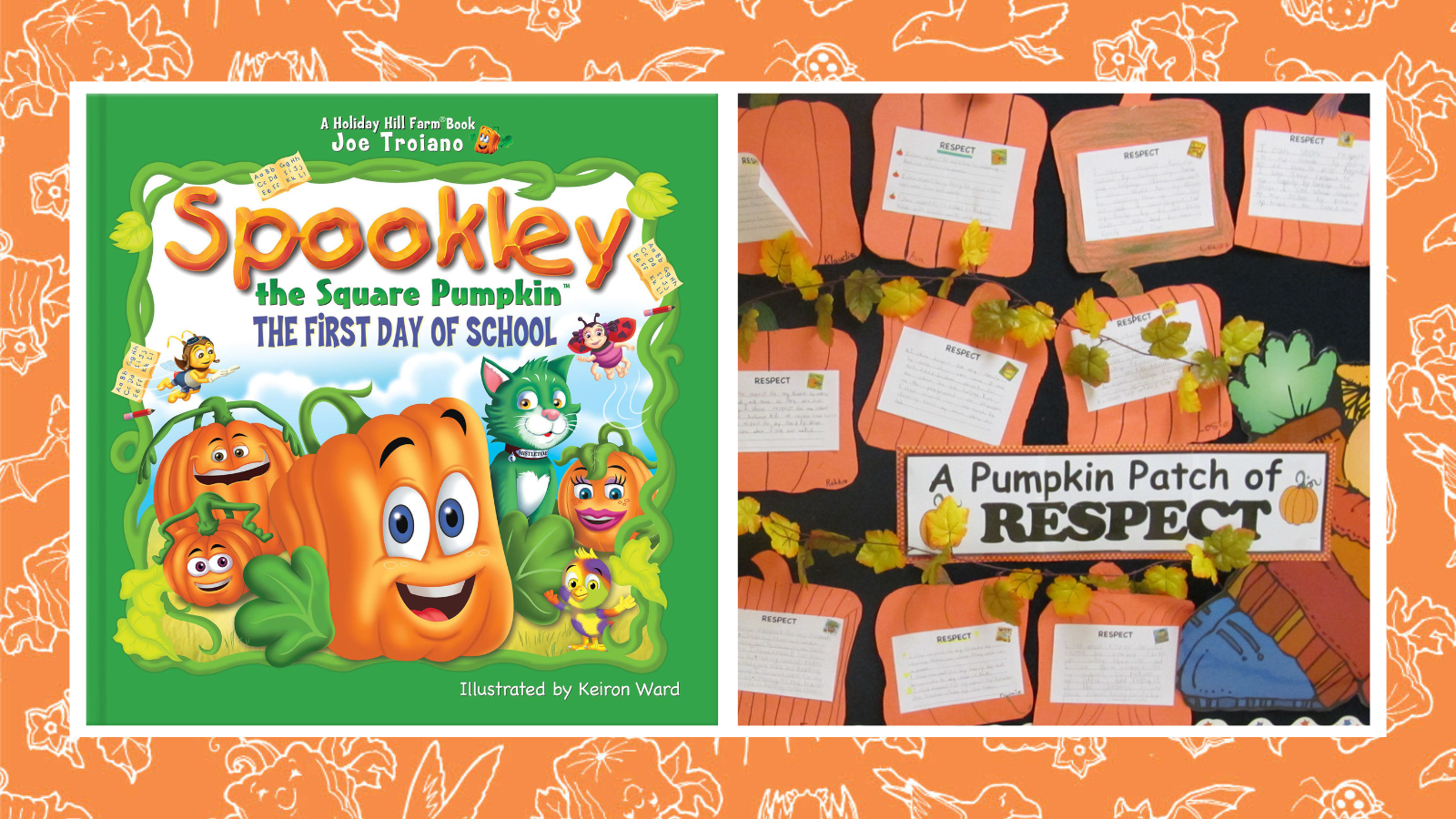 Collage of Spookley the Square Pumpkin book and pumpkin patch of respect bulletin board