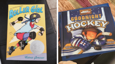 Book covers for Goodnight Hockey with illustration of boy in hockey gear and Roller Girl with illustration of girl roller skating, as examples of best sports books for kids