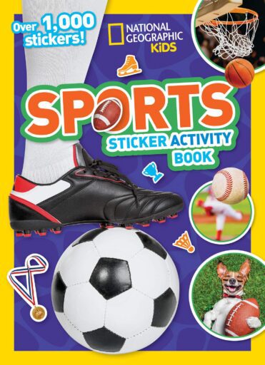 Cover of National Geographic Sports Sticker Activity Book with photos of soccer ball, cleats, basketball, baseball, as example of best sports books for kids