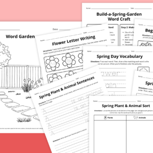 Flay lay of Spring ELA worksheet pages for PreK to Grade 2 on red backbground