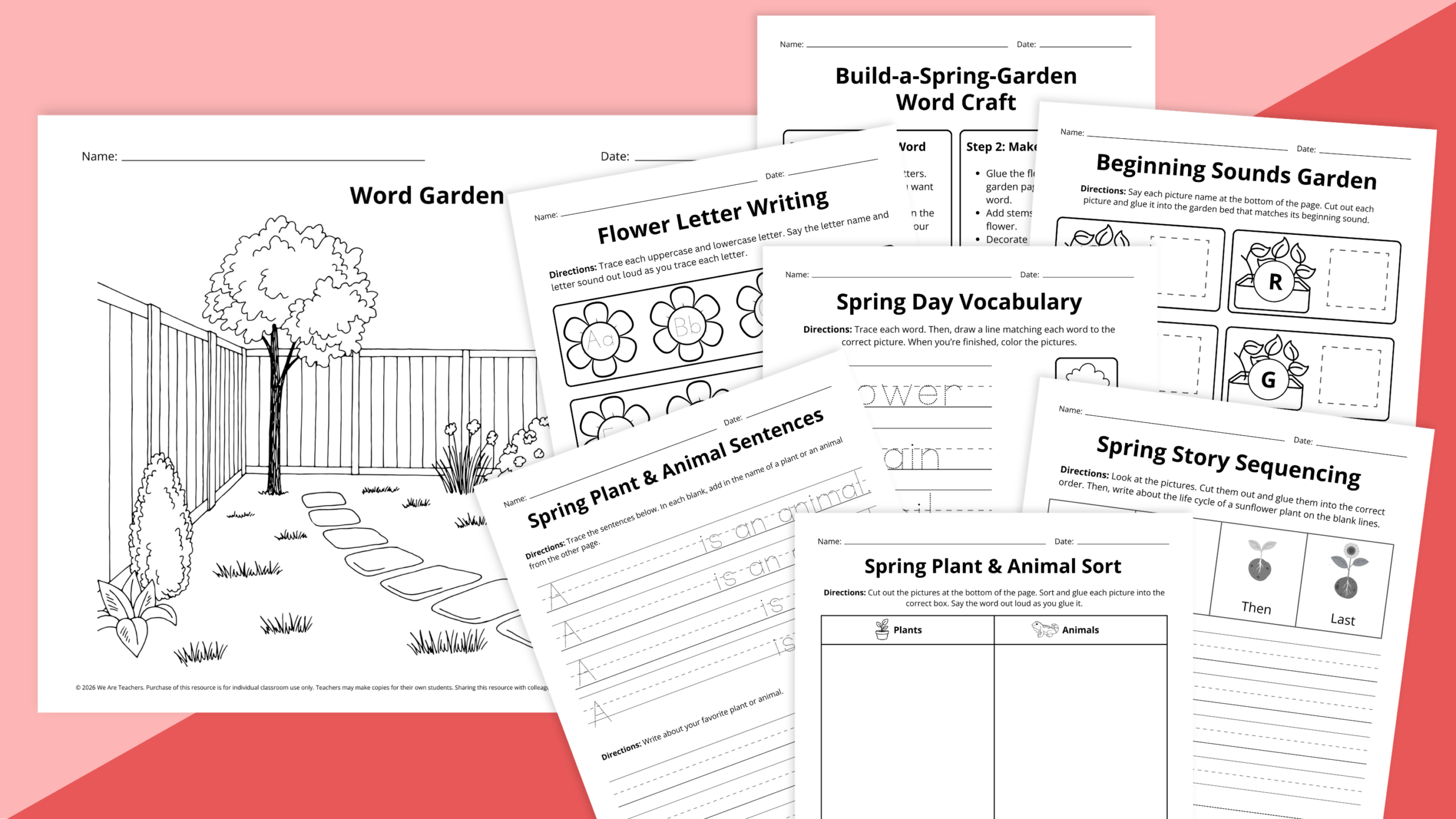 Flay lay of Spring ELA worksheet pages for PreK to Grade 2 on red backbground