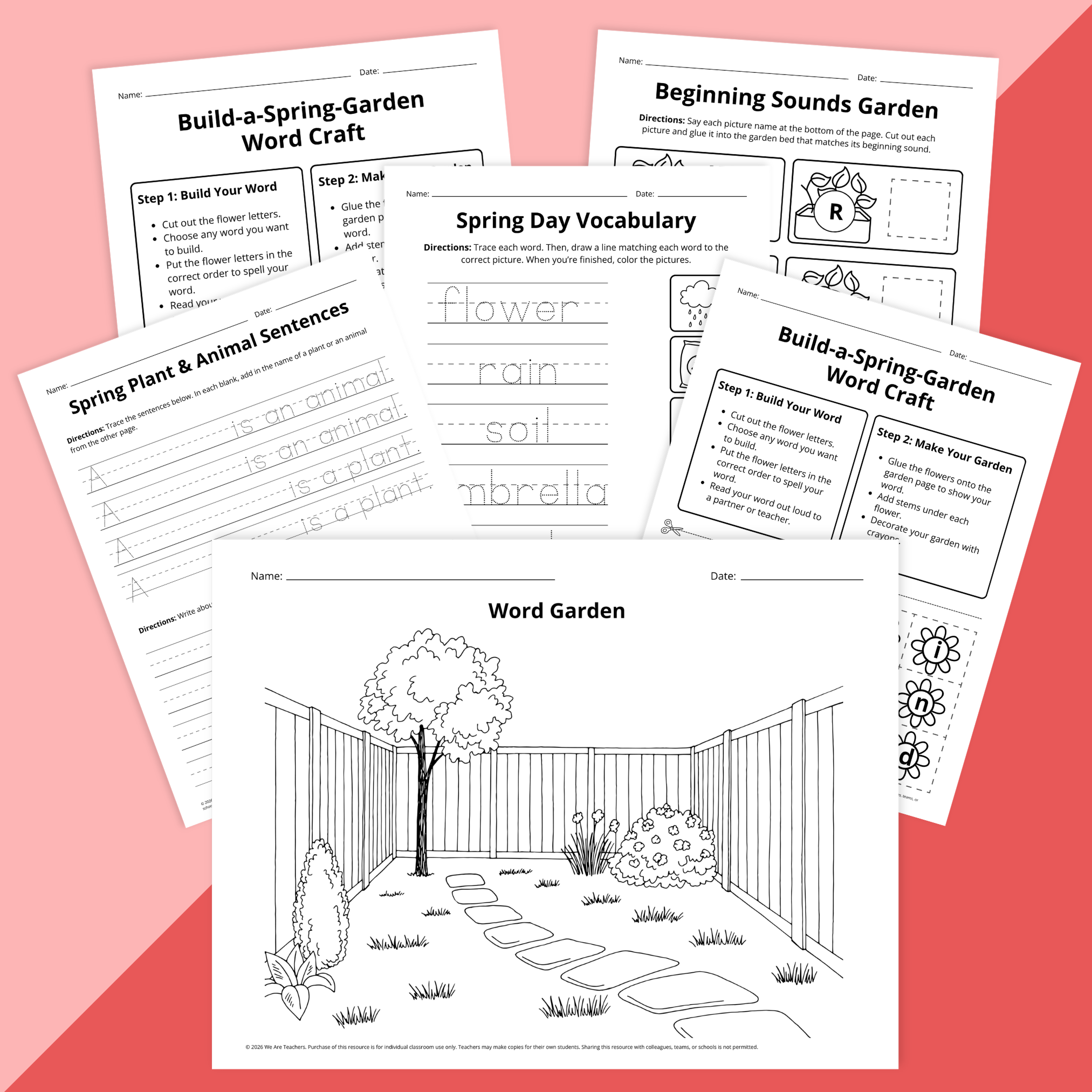 Flay lay of Spring ELA worksheet pages for PreK to Grade 2 on red backbground