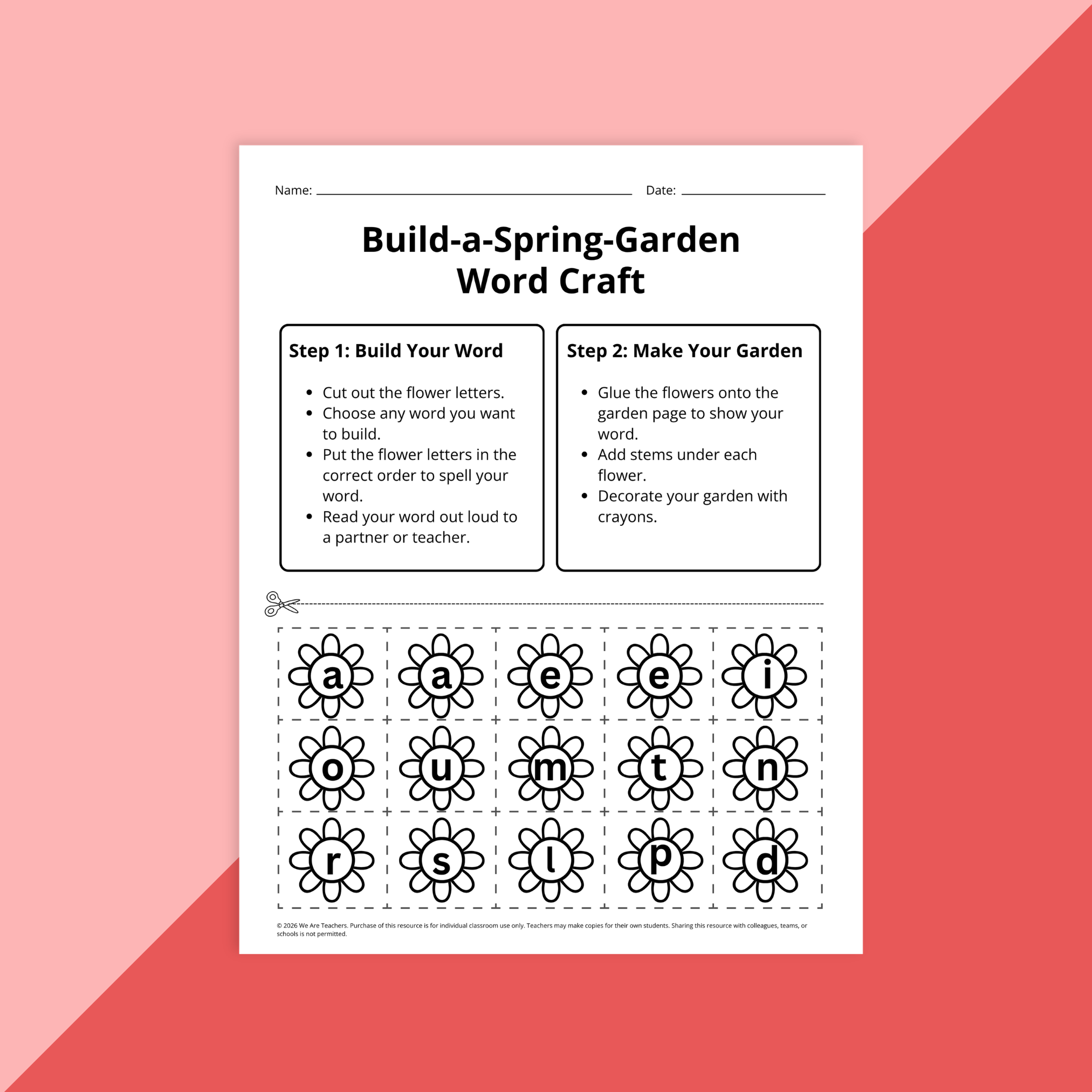Flay lay of Spring ELA worksheet pages for PreK to Grade 2 on red background