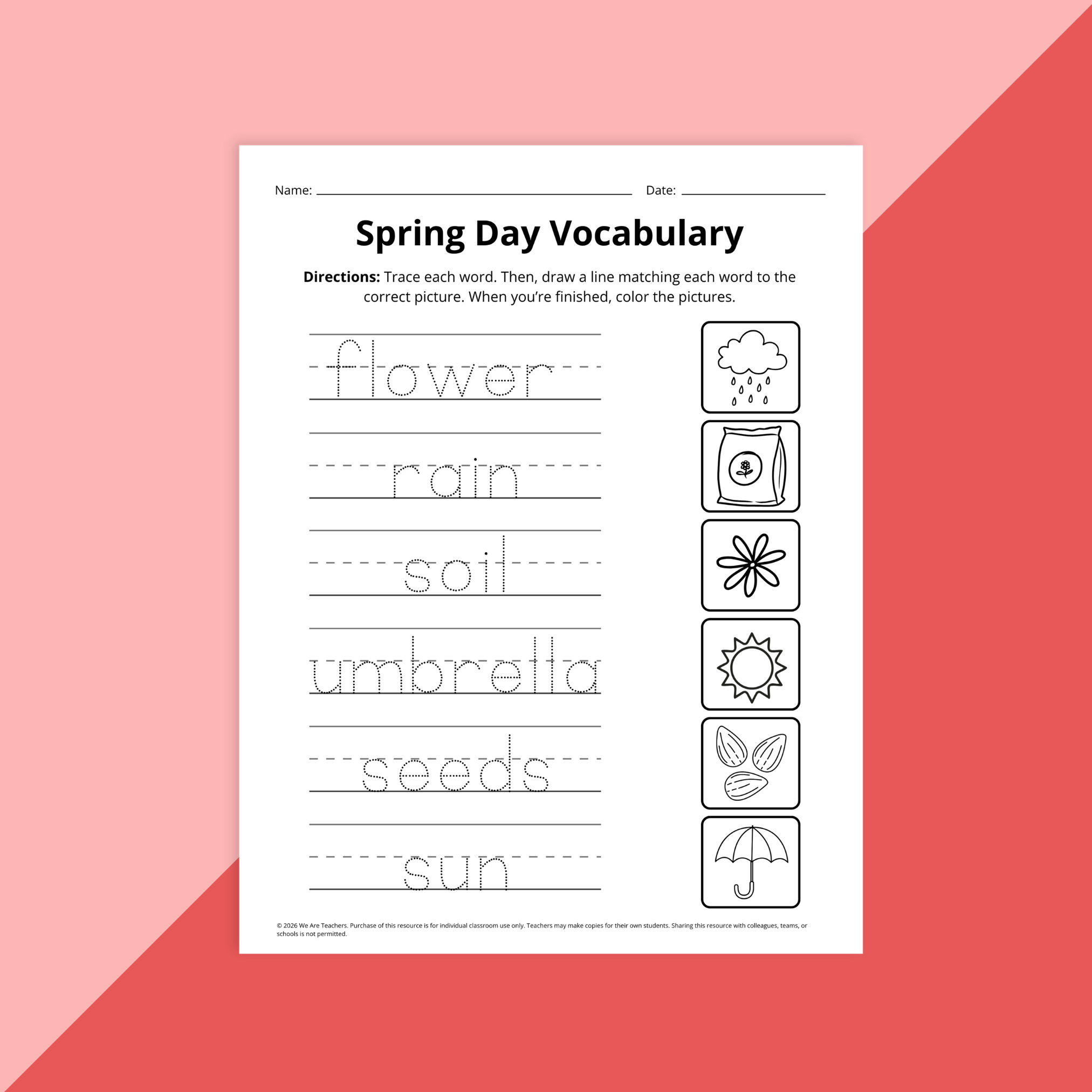 Flay lay of Spring ELA worksheet pages for PreK to Grade 2 on red background