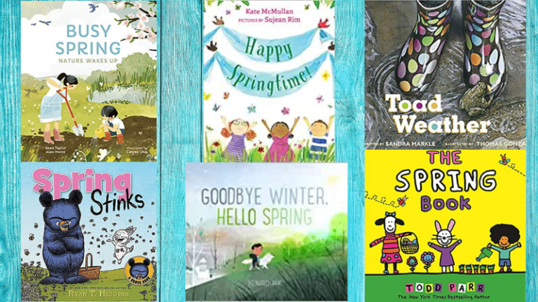 Collage of six spring books for kids book covers