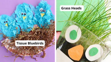Examples of spring crafts for kids, including grass heads, and tissue paper bluebirds.