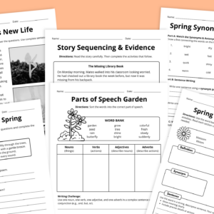 Flay lay of spring ELA worksheets for grades 3 to 5 on an orange background