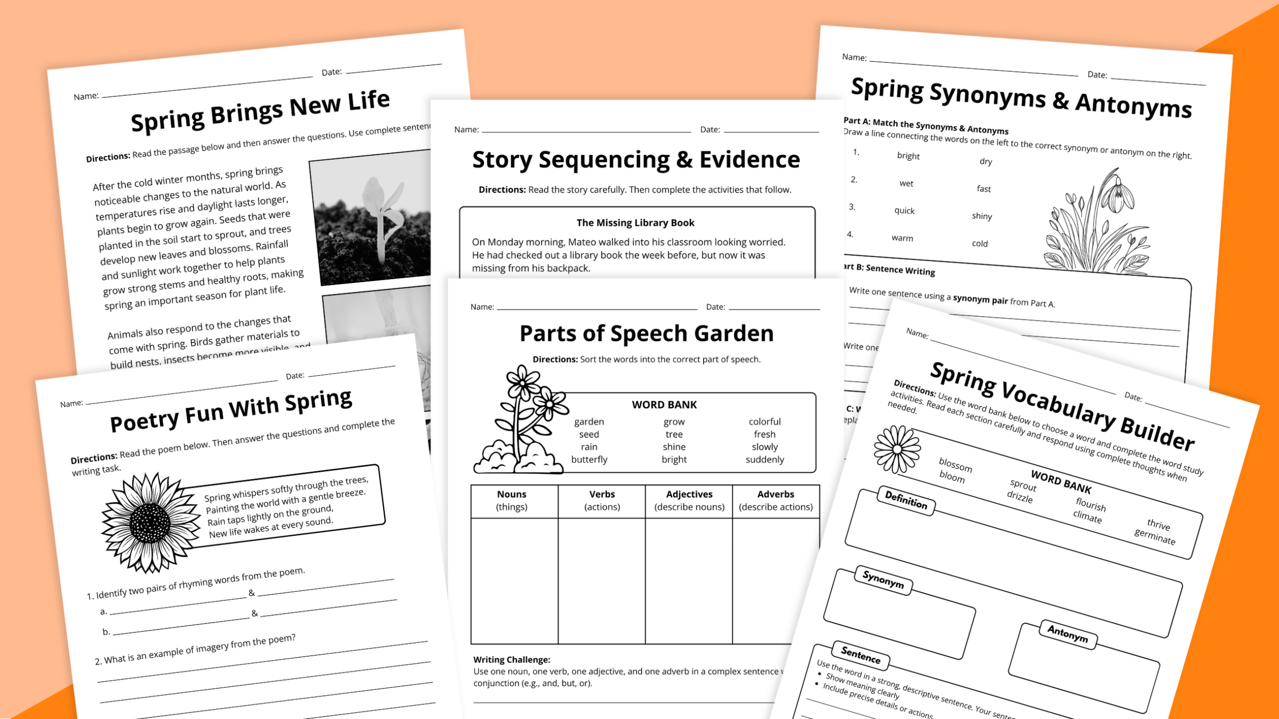 Flay lay of spring ELA worksheets for grades 3 to 5 on an orange background