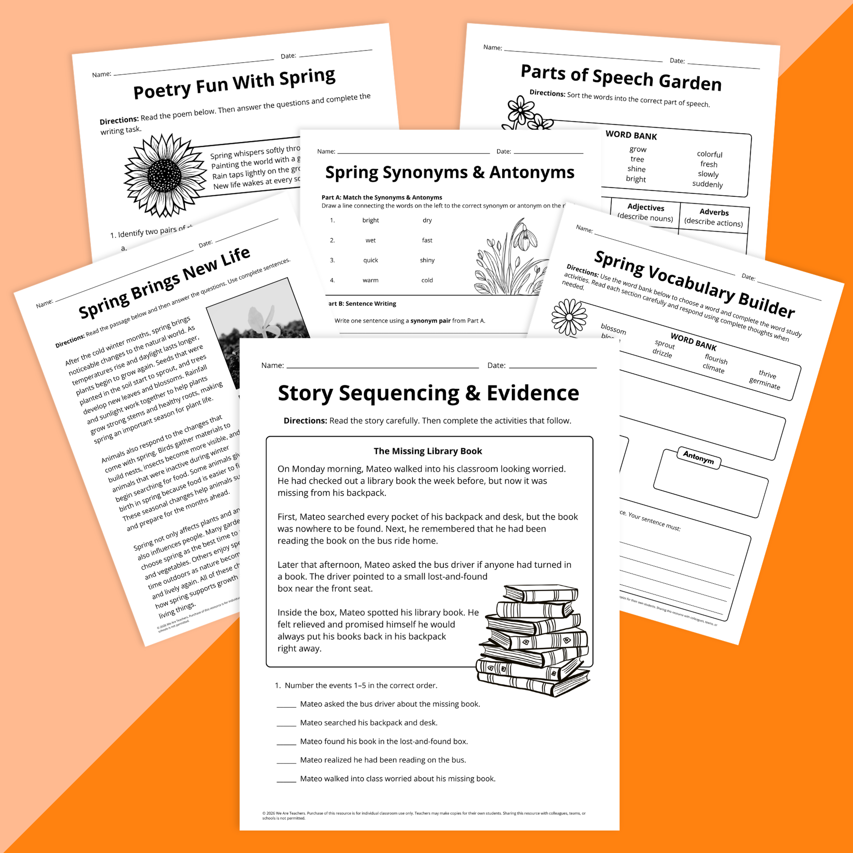 Flay lay of spring ELA worksheets for grades 3 to 5 on an orange background