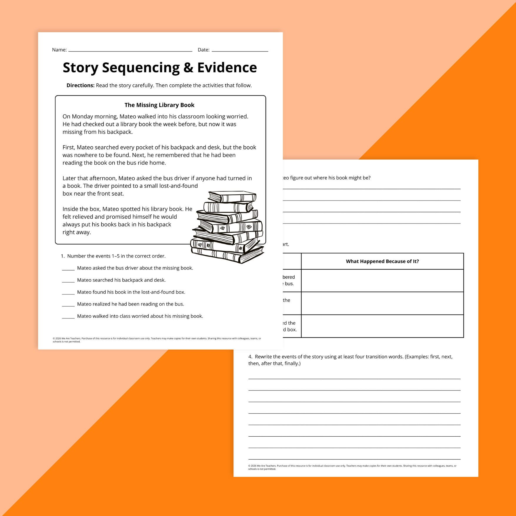 Flay lay of spring ELA worksheets for grades 3 to 5 on an orange background