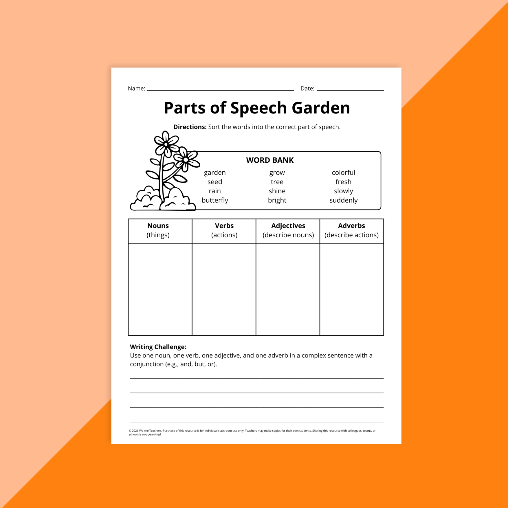 Flay lay of spring ELA worksheets for grades 3 to 5 on an orange background