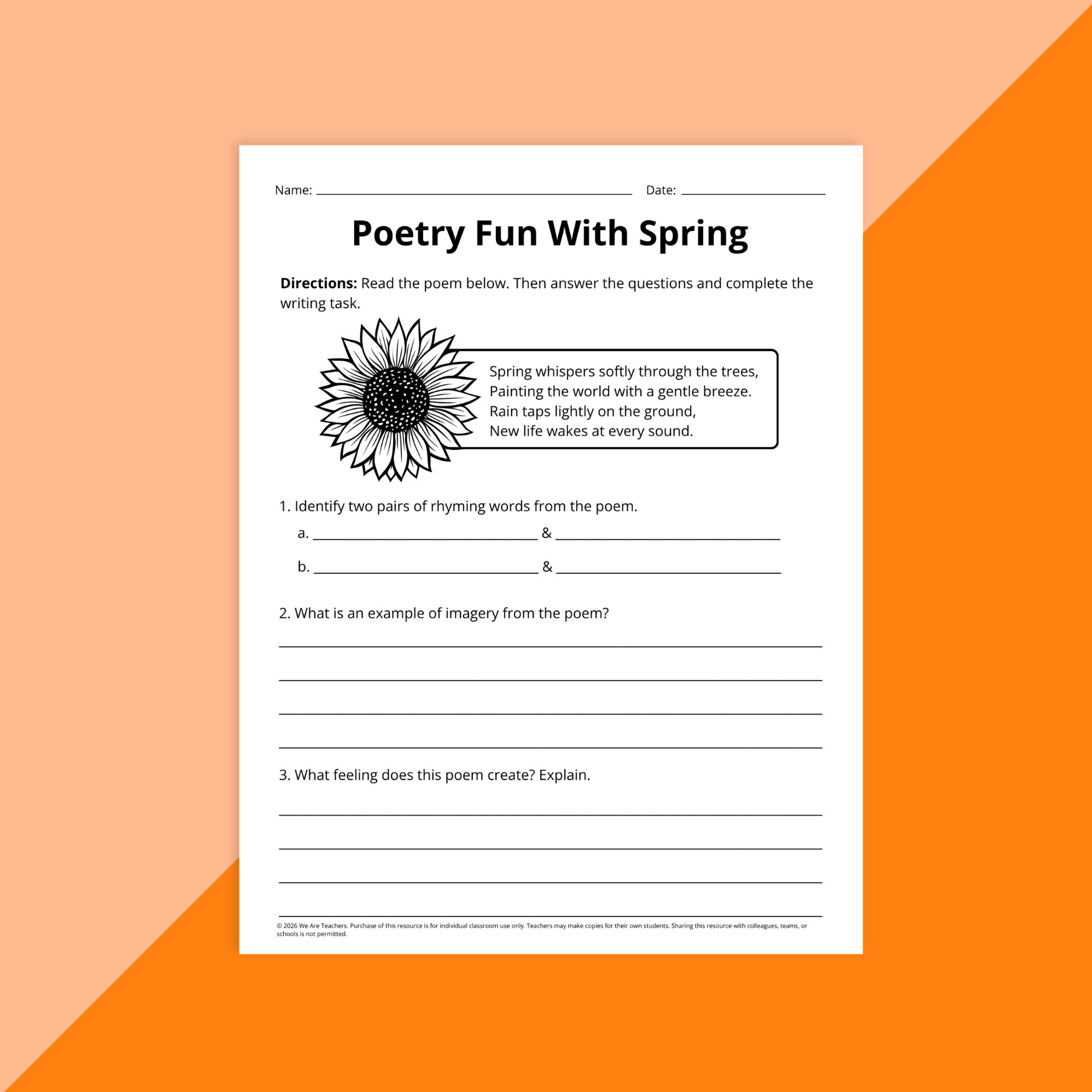Flay lay of spring ELA worksheets for grades 3 to 5 on an orange background