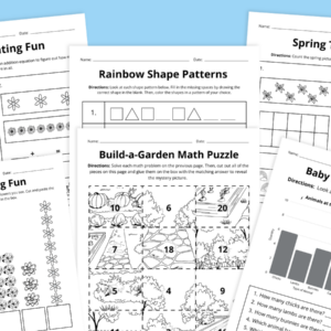 Flat lay of spring math worksheets for grades PK-2 on a blue background