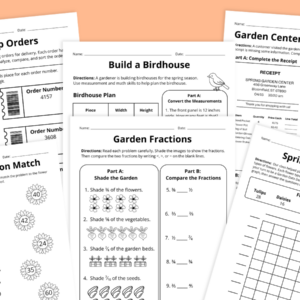 Flay lay of spring math worksheet pages for grades 3-5 on an orange background