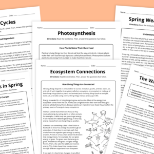 Flay lay of spring science worksheet pages for grades 3-5 on an orange background