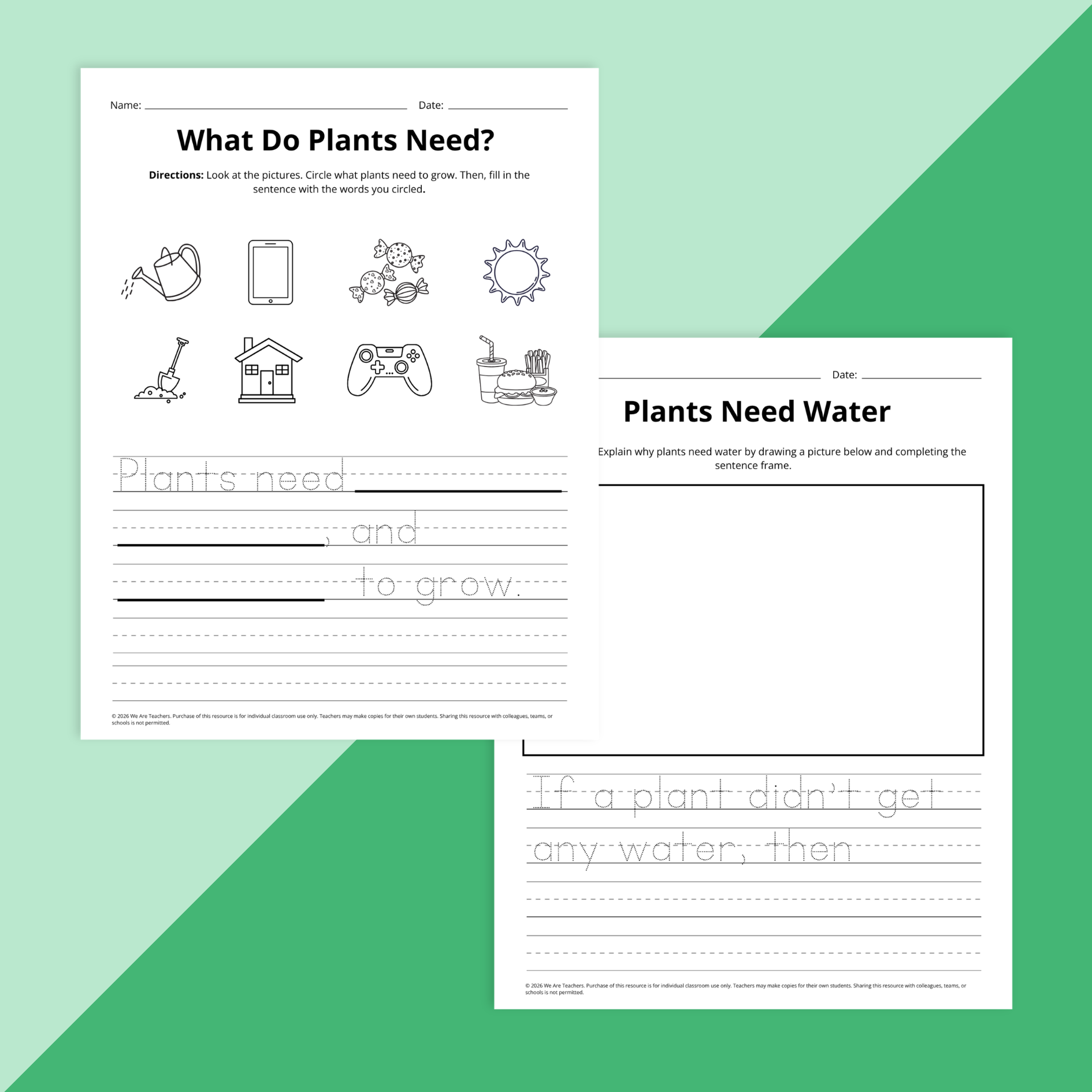 Flay lay of spring science worksheet bundle for grades PreK-2 on a green background